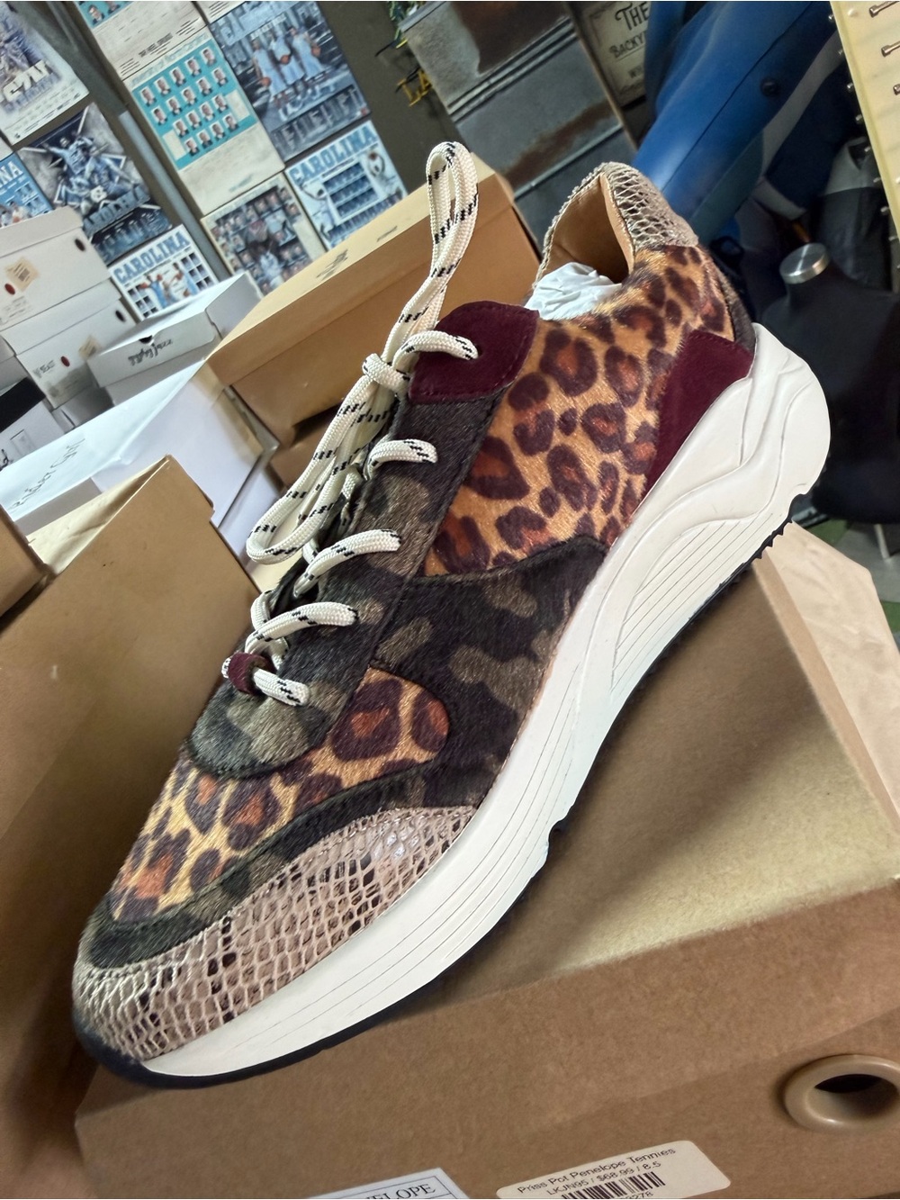 Leopard-Accent Mixed-Material Women’s Sneakers - Tan/Brown